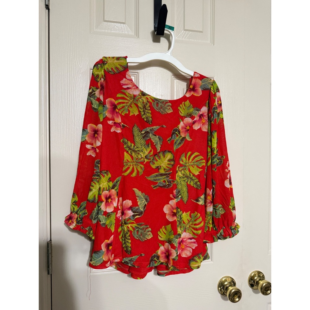 Ember Womens Red Tropical Floral Smocked Square Neck Ruffle Sleeve Blouse Large